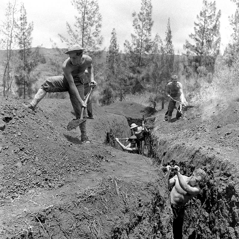 Men dig a post-Pearl Harbor defensive trench in Hawaii, December 1941.