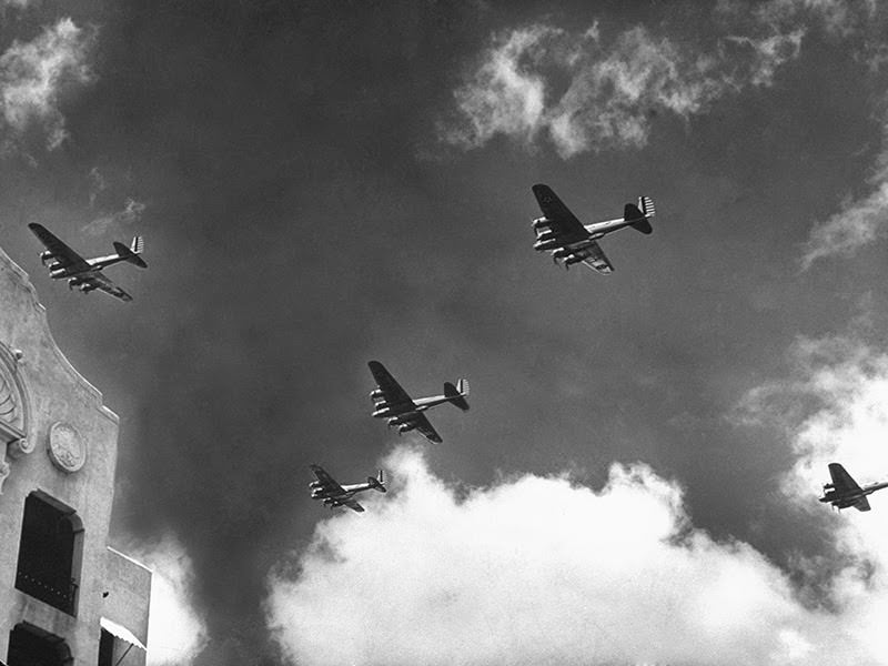 B-17 Bomber planes soaring through the sky, December 1941.