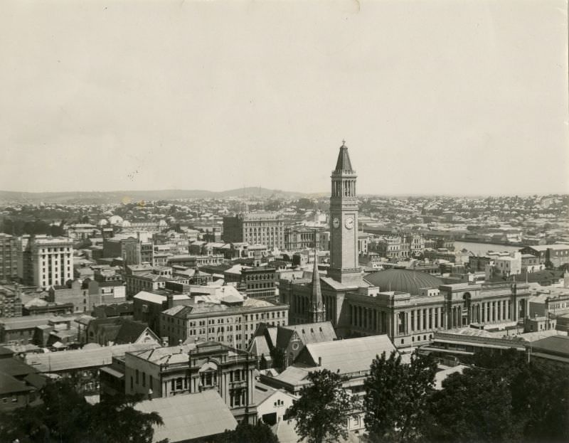 The skyscape of Brisbane City from near the Roma Street Parklands, 1930s