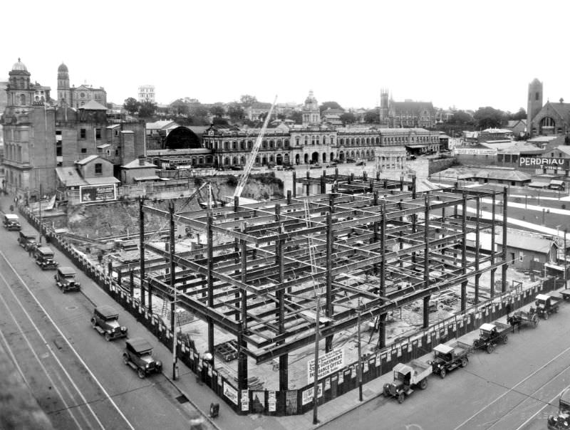 Steel structure of State Government Building, Anzac Square, September 1931