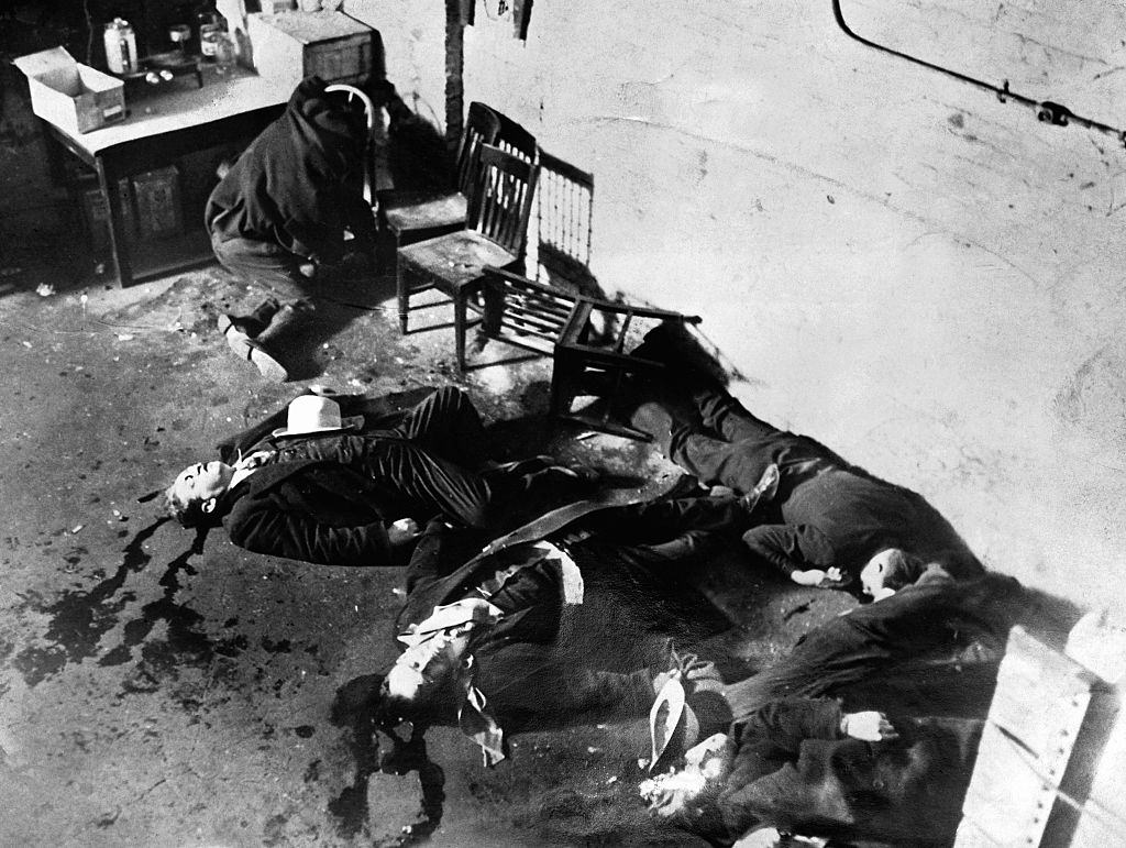 The aftermath of the Valentine's Day Massacre of February 14, 1929.