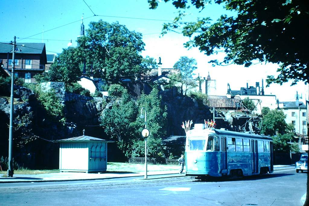 Street Car w Flags from Lingiad in Stockholm, Sweden, 1949.