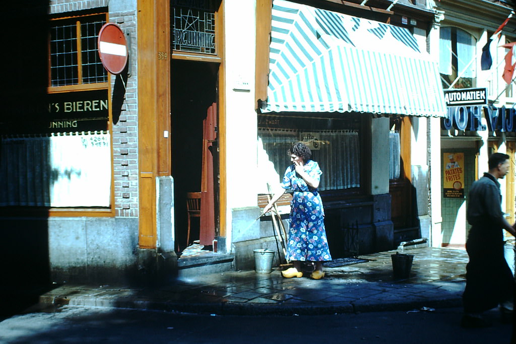 Street Scene with Wooden Shoes in Amsterdam, the Netherlands, 1940s.