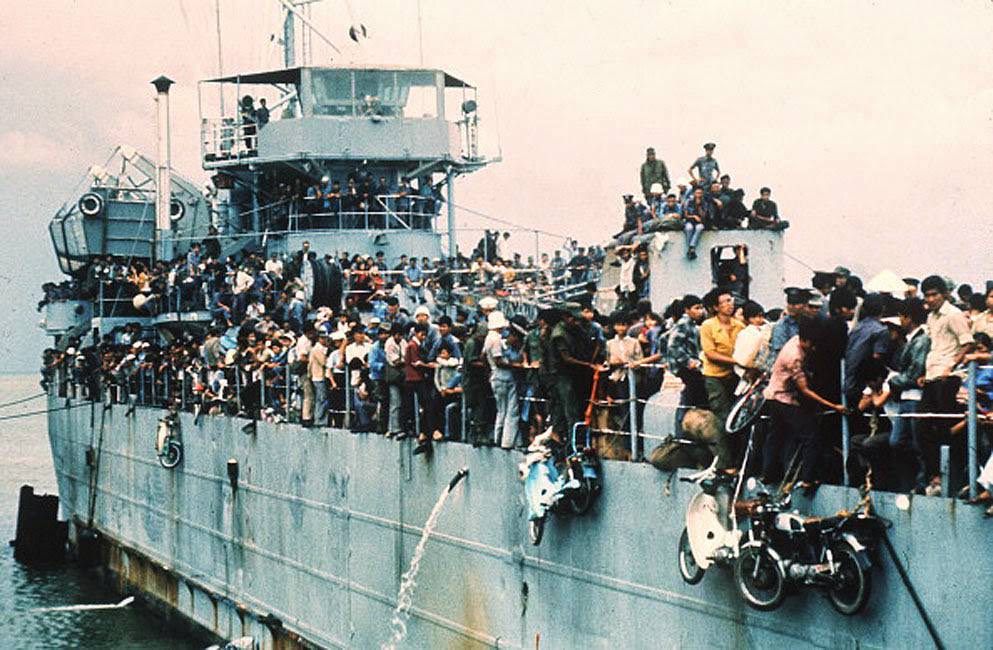 Jam-packed with more than 7,000 refugees, the South Vietnamese Navy ship HQ-504 arrives at Vung Tau port, the South Vietnam' s most popular sea resort, and now the only port city in the Government hands.