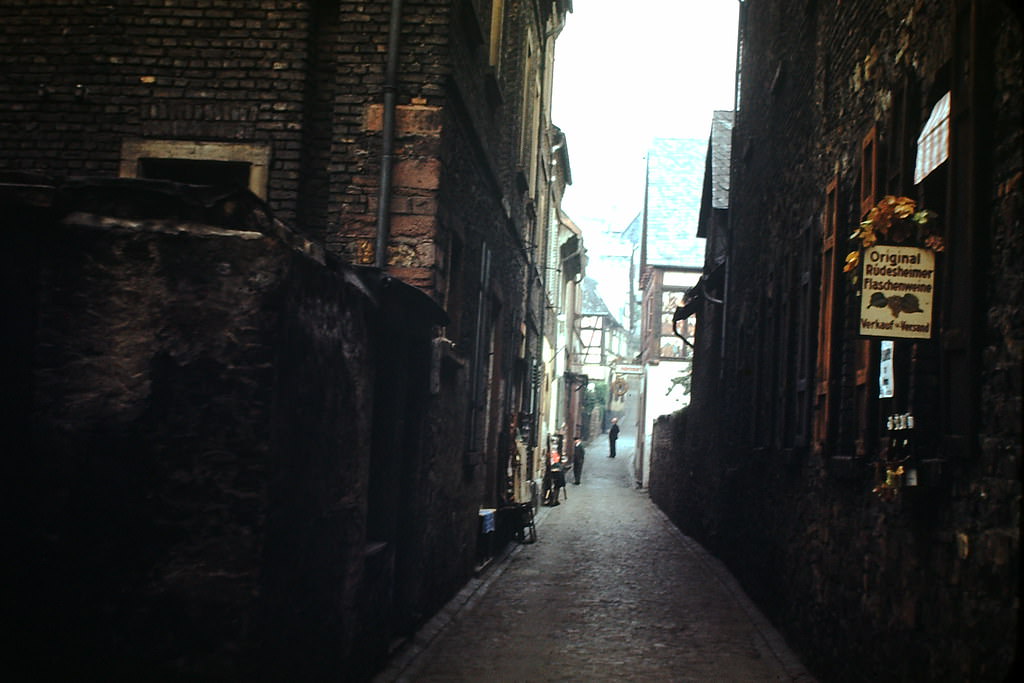 St of Wineshops, Drosselgasse, Ruedesheim, Germany, 1949.