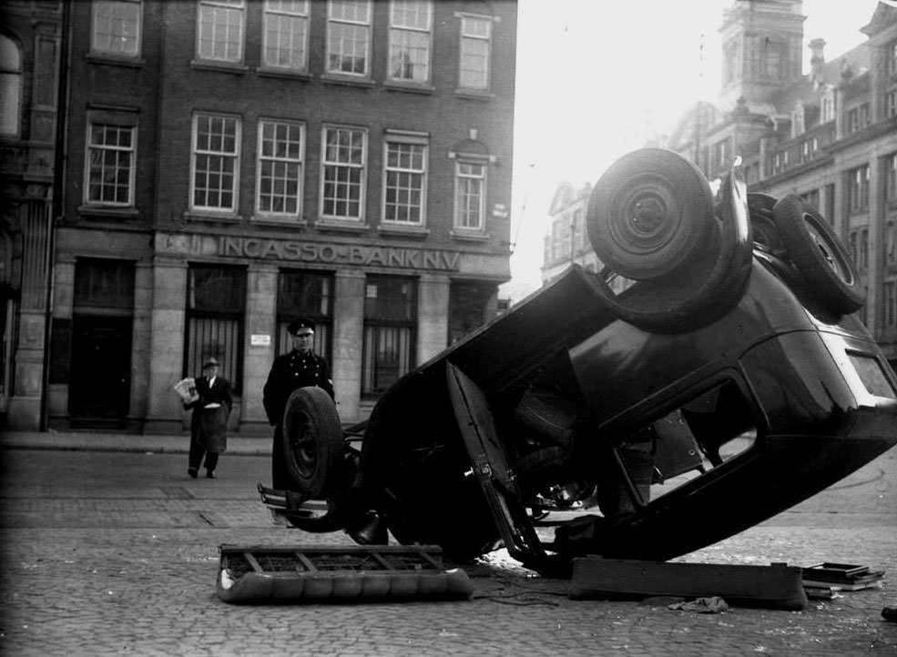 A car accident in Amsterdam, 1950s.