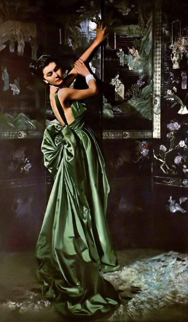 Alla in gorgeous green satin evening gown by Christian Dior, 1947