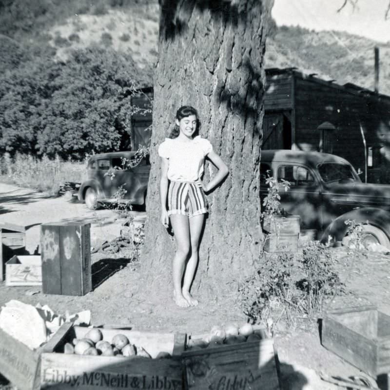 Girl posing by tree and fruit boxes