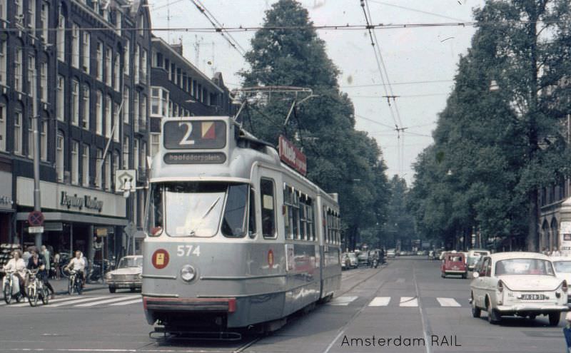 GVB 574 on route 2 on his way to Hoofddorpplein terminus on detour, Bilderdijkstraat (crossing Kinkerstraat), Amsterdam, 1970