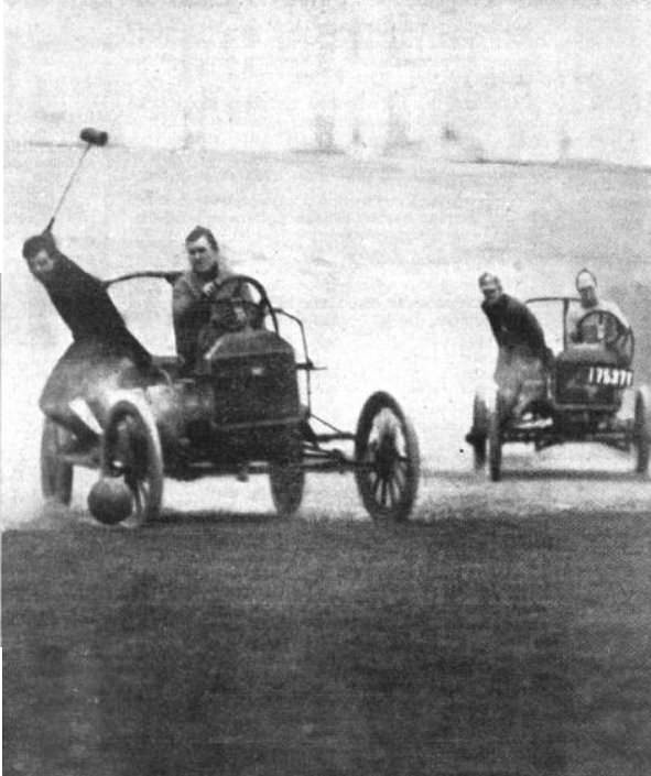 Auto poloists chase each other down the field in 1913.