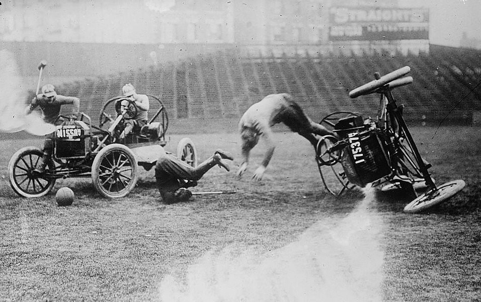 A rollover during a match at Hilltop Park, New York.
