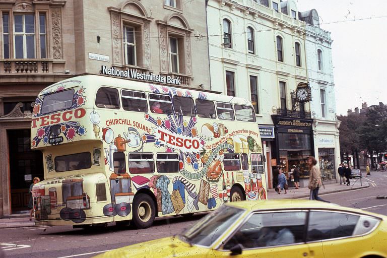 A Tesco bus outside Pavilion Buildings, North Street, 1974