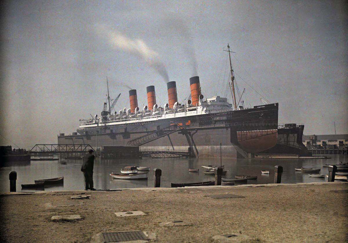 A view of the Cunard SS “Mauretania” at dock, in Southampton, Hampshire.