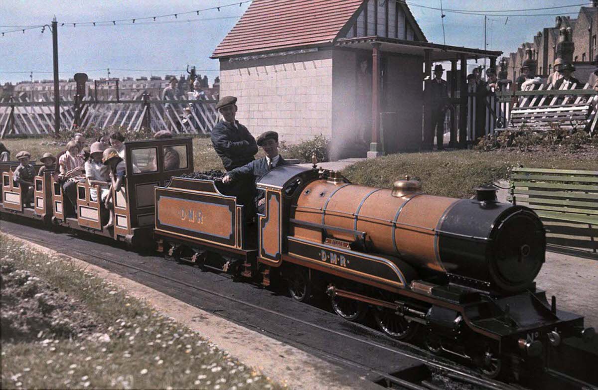Passengers ride on ‘Billy’, a locomotive picture running at the Kent seaside resort of Margate in 1931.