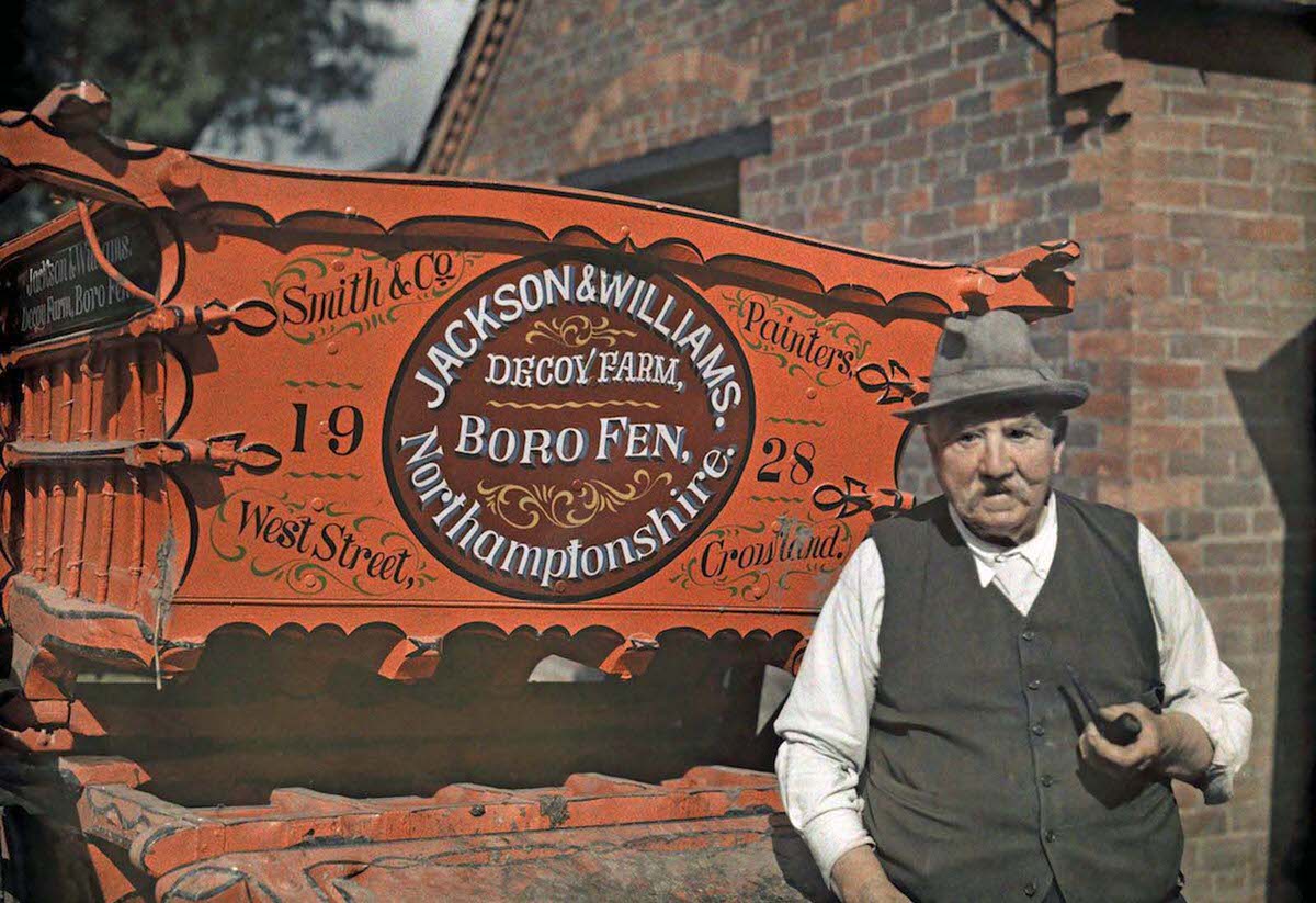 An informal portrait of a farmer and his cart, in Crowland, Lincolnshire. Decoy Farm is now the site of a recycling centre and a housing estate.
