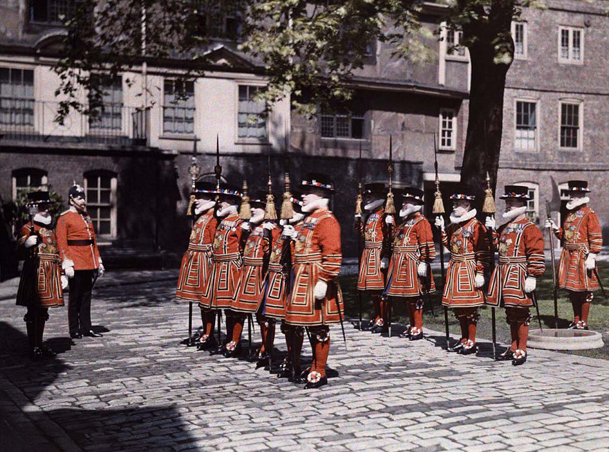 A part of the company of Yeomen preparatory, known as Beefeaters, at the Tower of London.