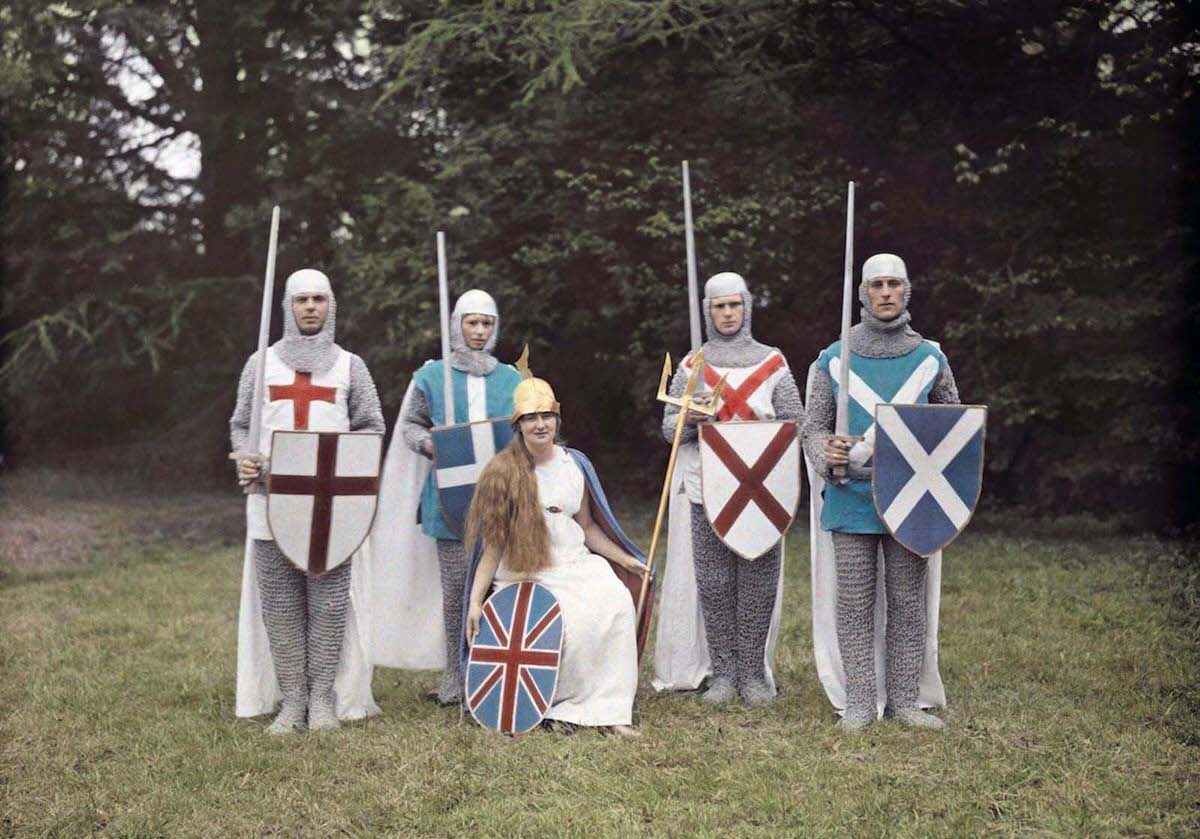 Actors dress for a pageant as Britannia and her knights.