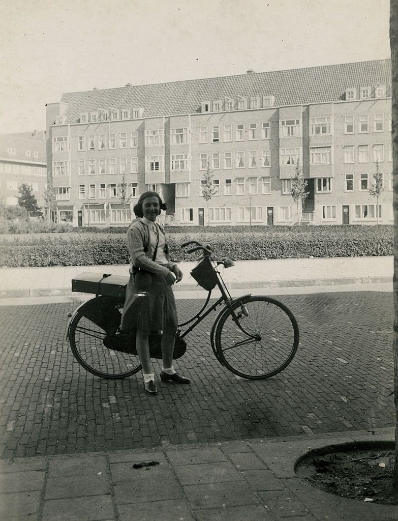 Anne Frank's sister Margot cycling at Merwedeplein in Amsterdam, May 1939.
