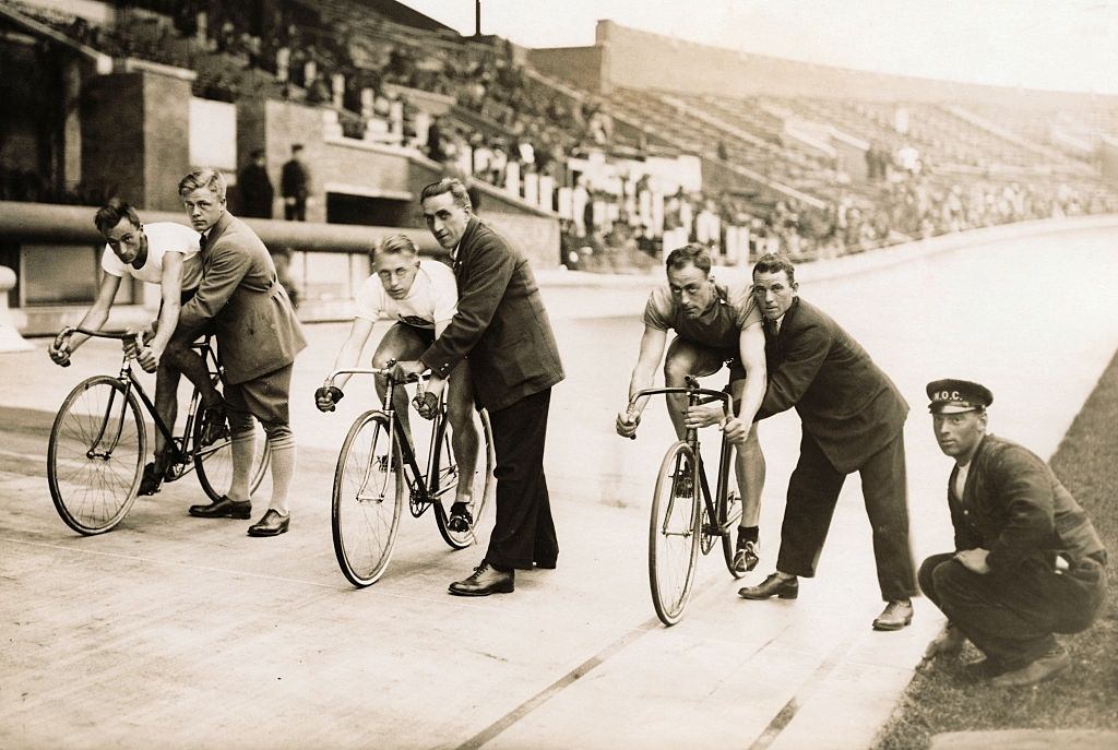 Cyclists Preparing to Race the 1,000 meters sprint during the third series, 1950s.