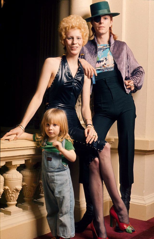 David Bowie with his wife Angie Bowie and their Son Zowie in Amsterdam in 1974