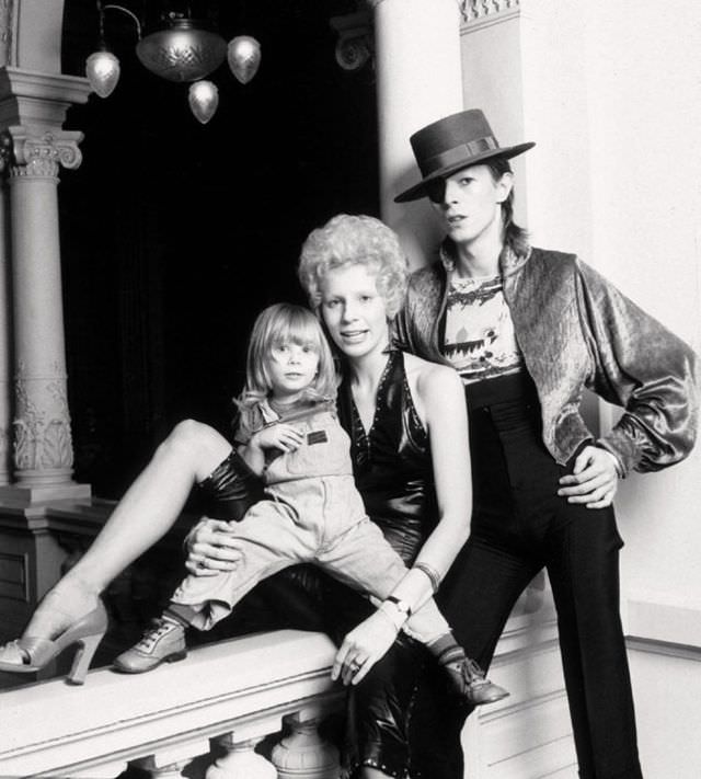 David Bowie with his wife Angie Bowie and their Son Zowie in Amsterdam in 1974