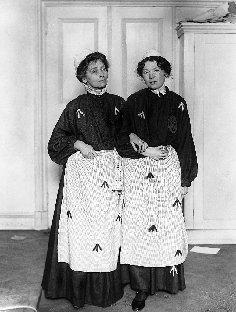 Emmeline Pankhurst and her daughter Christabel whilst in prison for their militant campaigning, 1908.