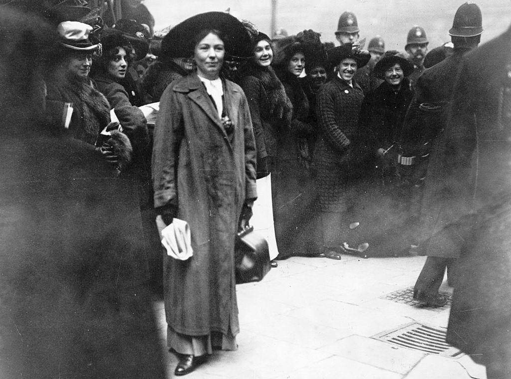 Christabel Pankhurst taking part in a Suffragette protest outside Bow Street Police Station, 1908.