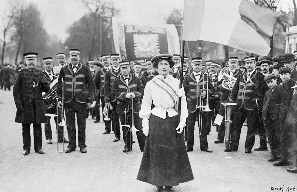 Daisy Dugdale leading the procession to welcome Emmeline and Christabel Pankhurst, London, 1908.