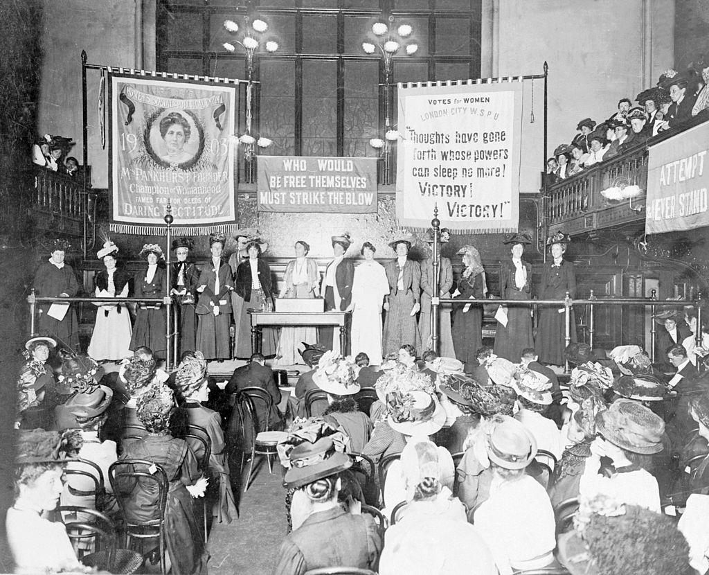 A meeting at Caxton Hall prior to the 'Rush the House of Commons' demonstration, October 1908.