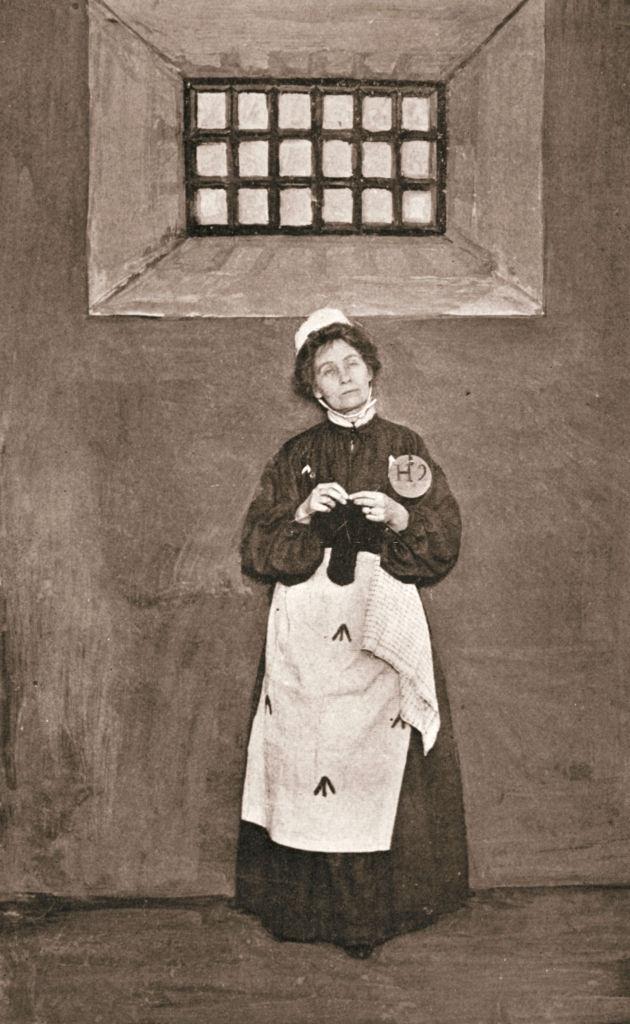 Emmeline Pankhurst, in a cell in Holloway Prison, London, 1908.
