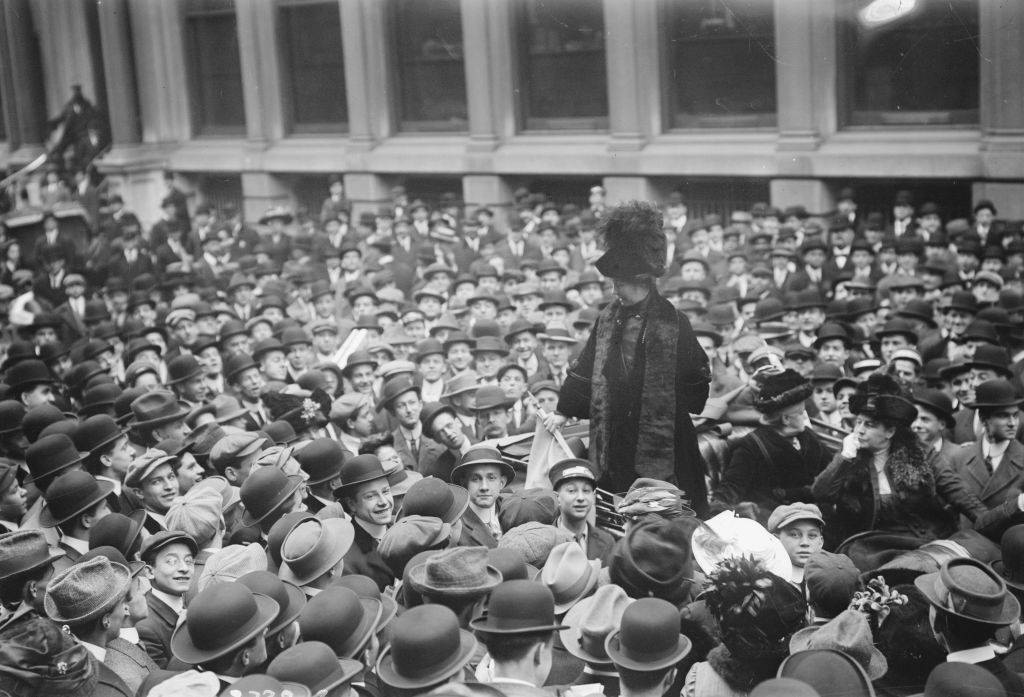 Emmeline Pankhurst addresses a crowd on Wall Street, New York, November 1911.
