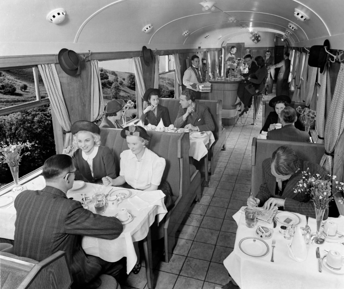 Dining in a Great Western Railway buffet car, September 1938.