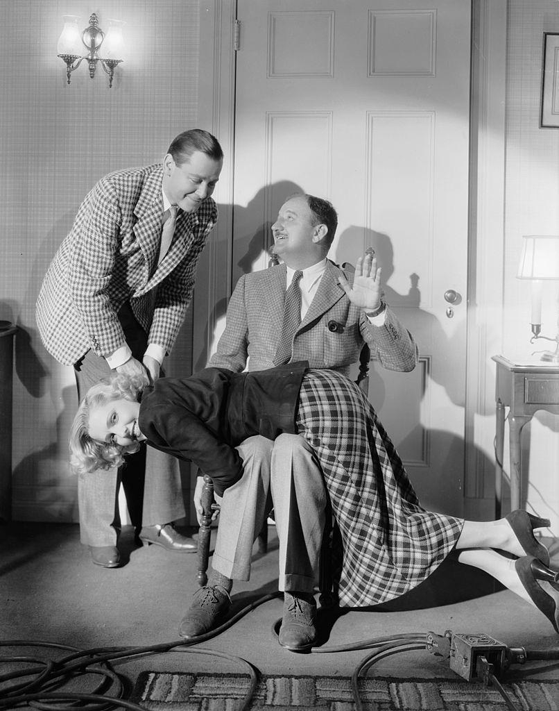 Jean Arthur rehearsing a scene with Gladys Greene and Herbert Marshall, 1935.