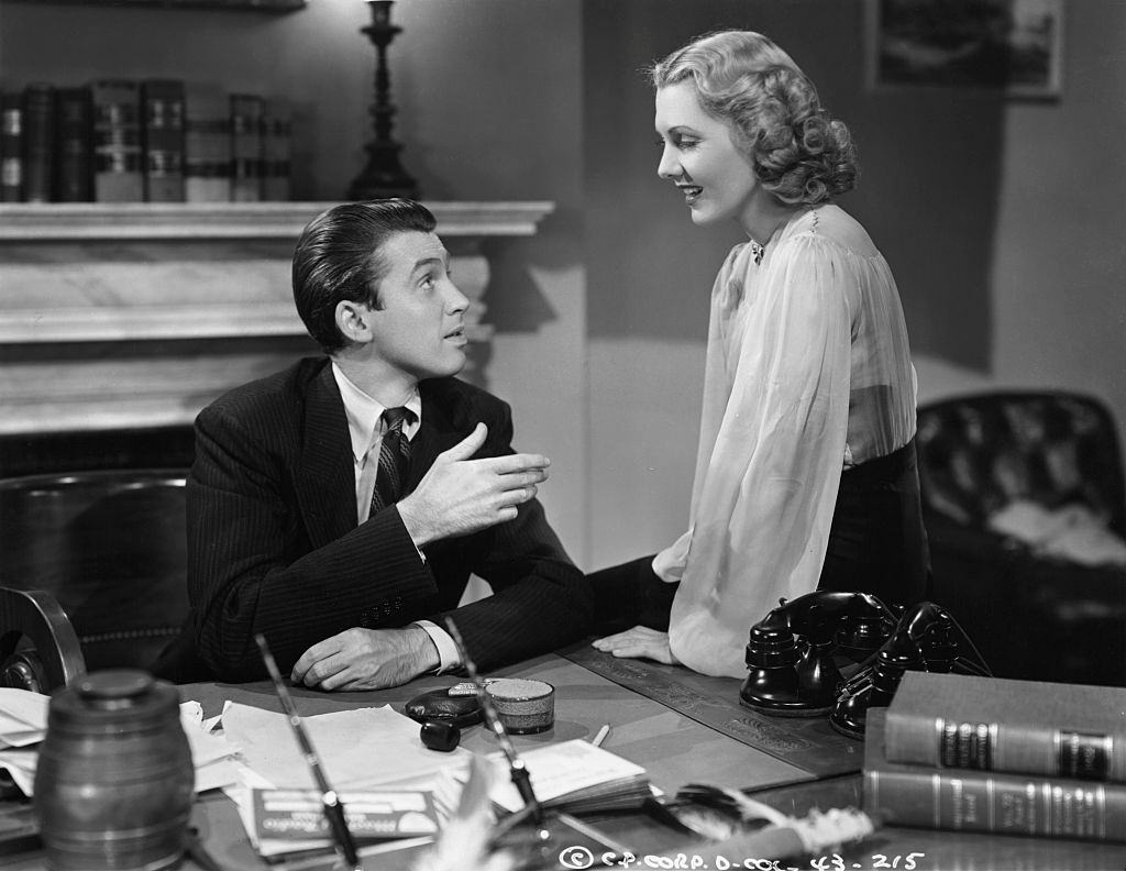 Jean Arthur with James Stewart in a scene from the 1939 film 'Mr. Smith Goes to Washington'.