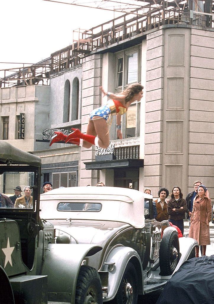 Lynda Carter jumping, behind-the-scenes of Wonder Woman, 1976.