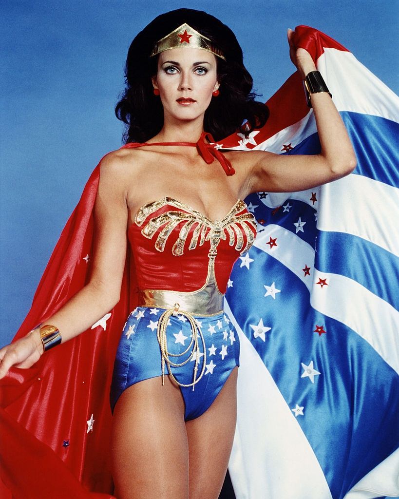 Lynda Carter in costume in a studio portrait for Wonder Woman, 1977.