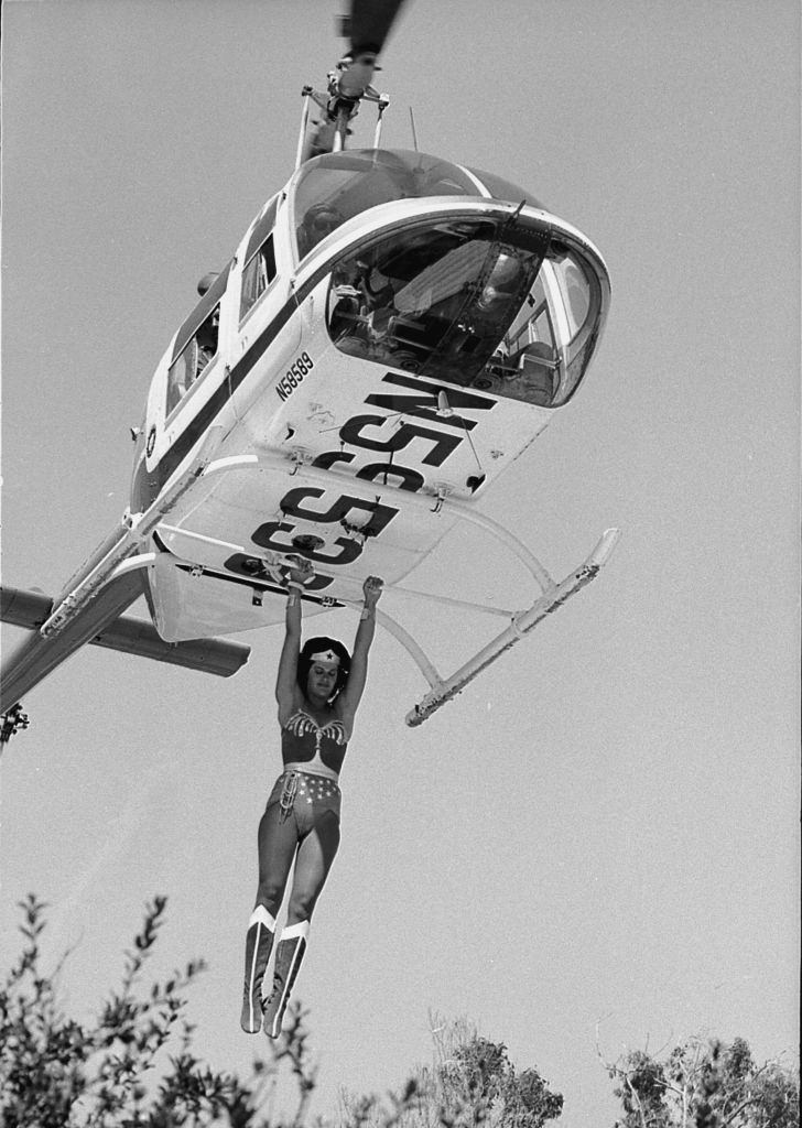 Wonder Woman Hangs from Chopper, 1977.