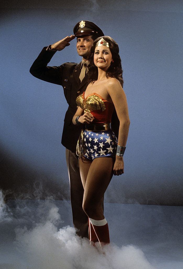Lynda Carter with Lyle Waggoner in 'The New Original Wonder Woman', 1975.