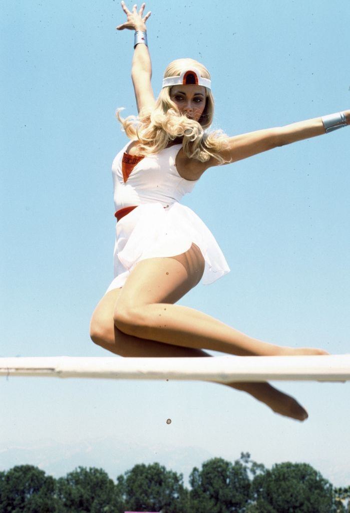 Lynda Carter jumping in 'The New Original Wonder Woman', 1975.