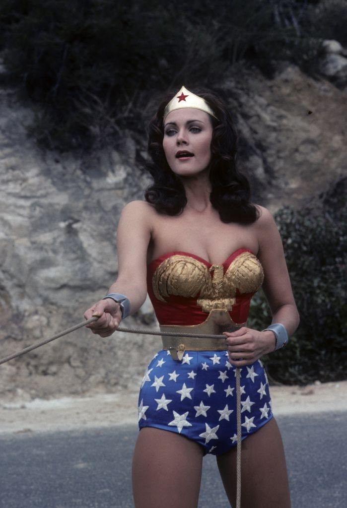 Lynda Carter pulling a rope in 'The New Original Wonder Woman', 1975.