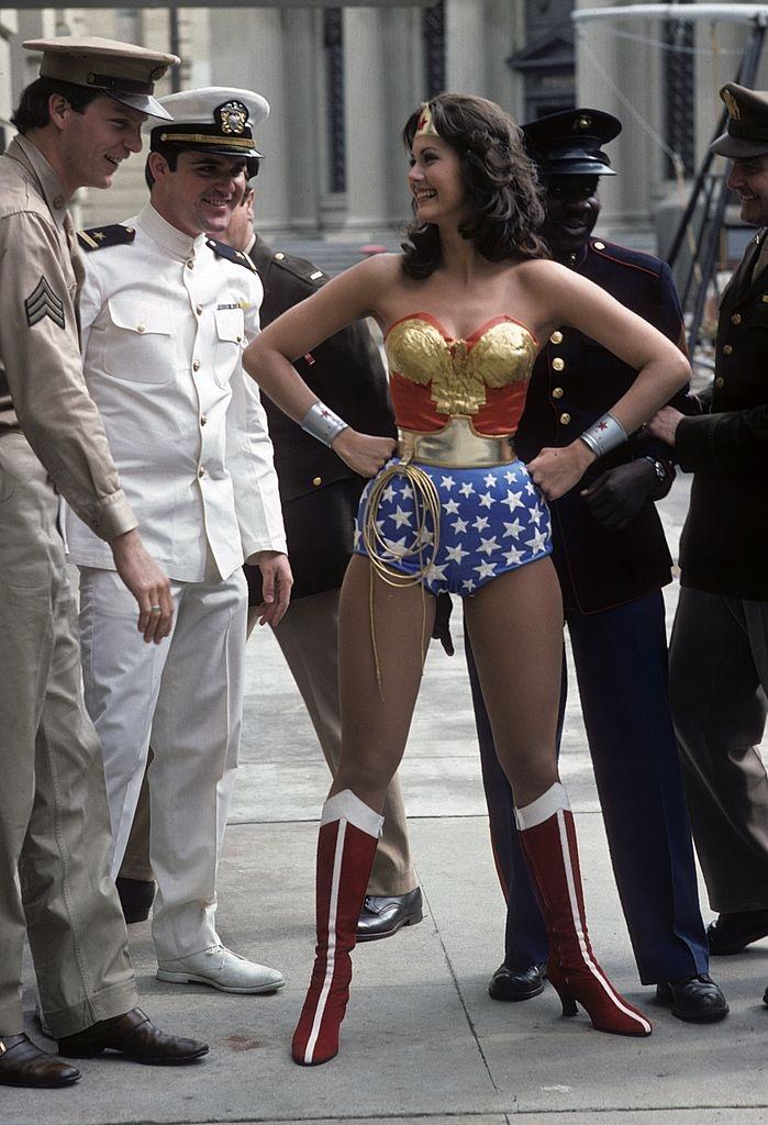 Lynda Carter posing as wonder woman, 1975.