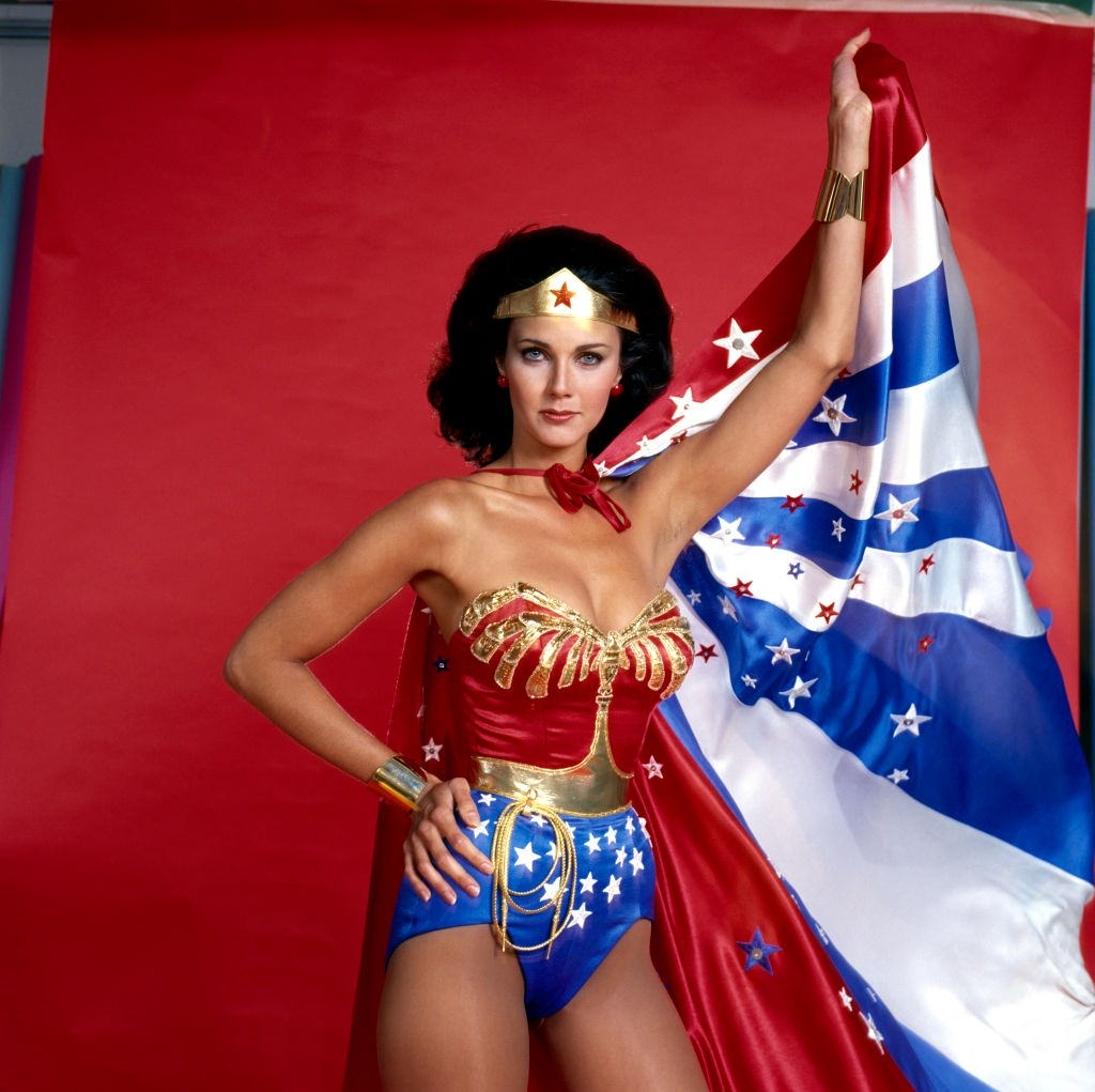 Lynda Carter as Wonder Woman posing for a publicity shot, 1977.