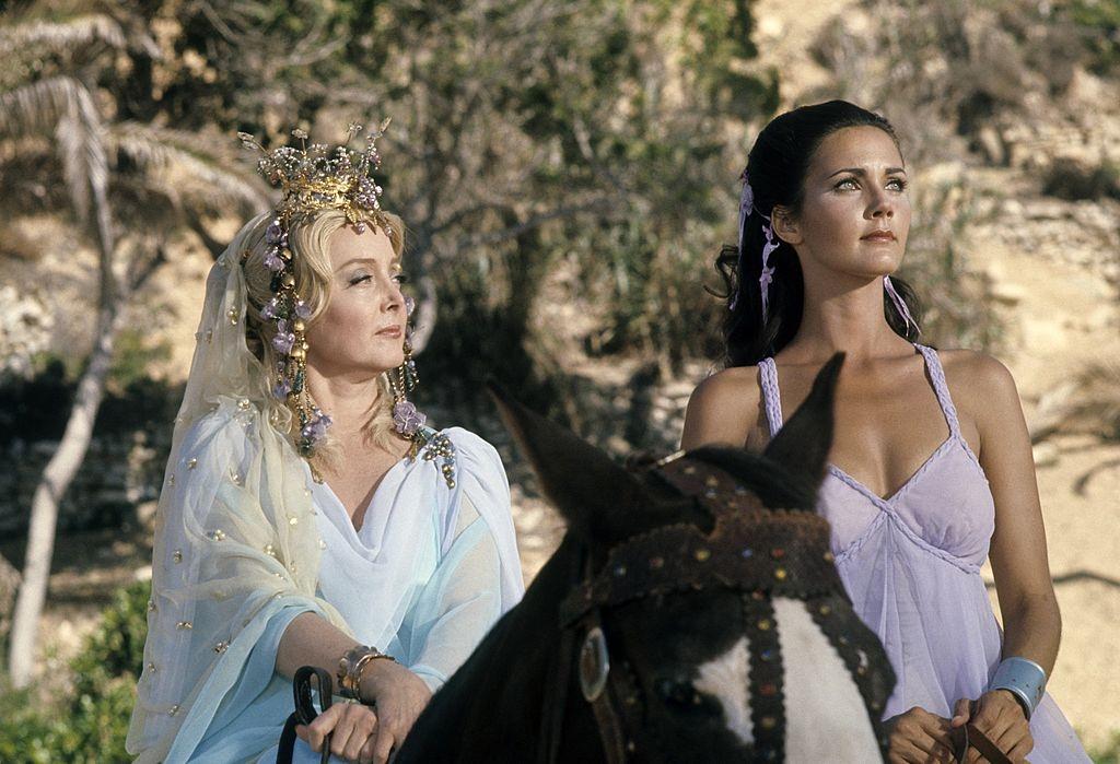 Lynda Carter with Carolyn Jones in 'The Feminum Mystique', 1976.