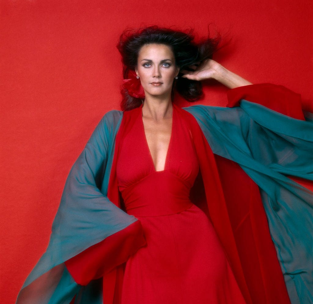 Lynda Carter in red dress, 1977.