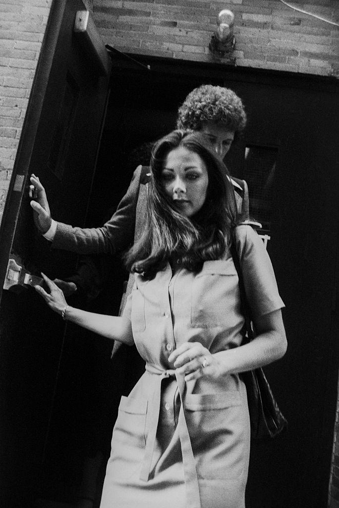 Lynda Carter leaving by the stage door, 1970.