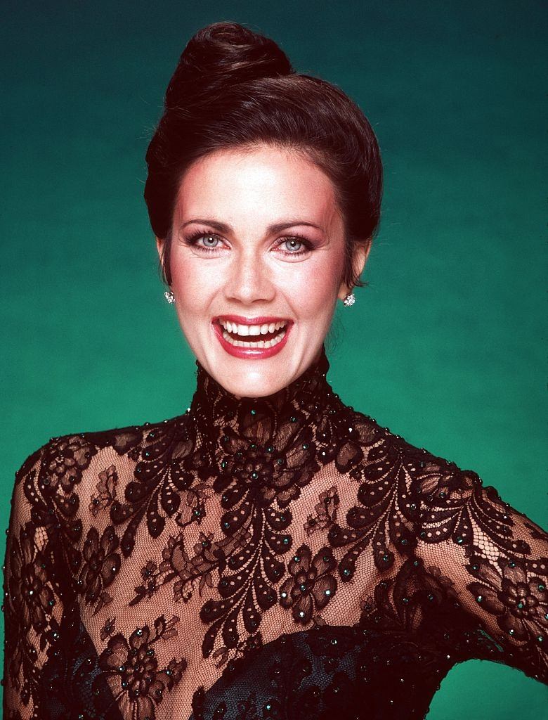 Linda Carter in black dress, 1980.