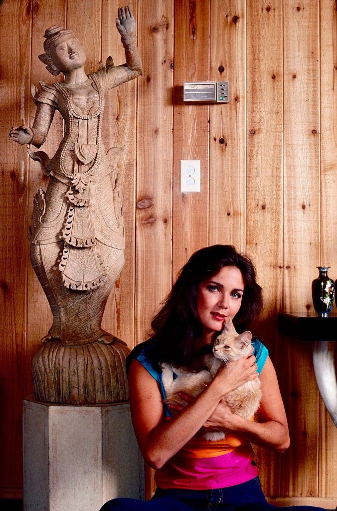Lynda Carter with her cat, 1981.