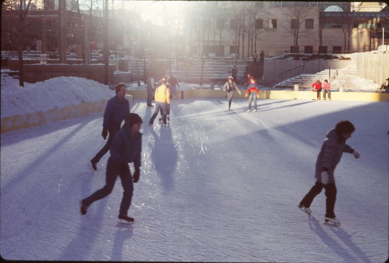 Skating at Peavey Plaza, Minneapolis, December 1984