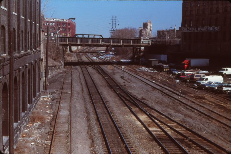 Railroad tracks from Wash Ave Bridge, Warehouse District, Minneapolis, March 1985