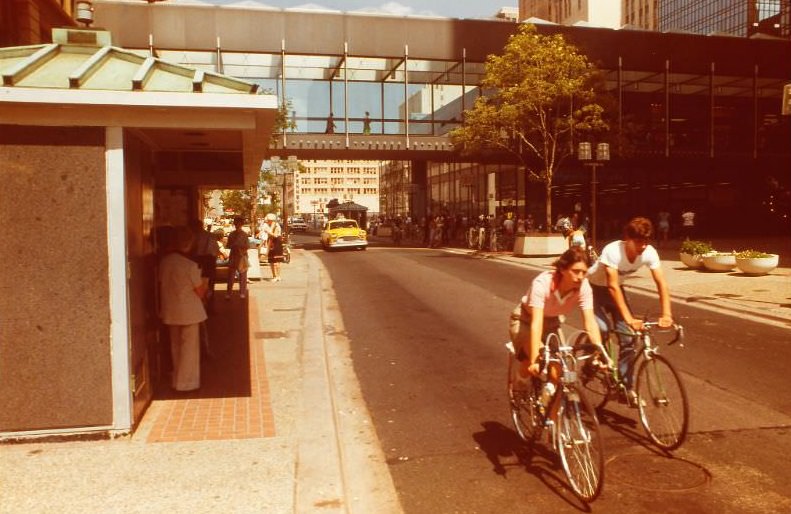 Biking along Nicollet Mall, Downtown Minneapolis, spring 1983